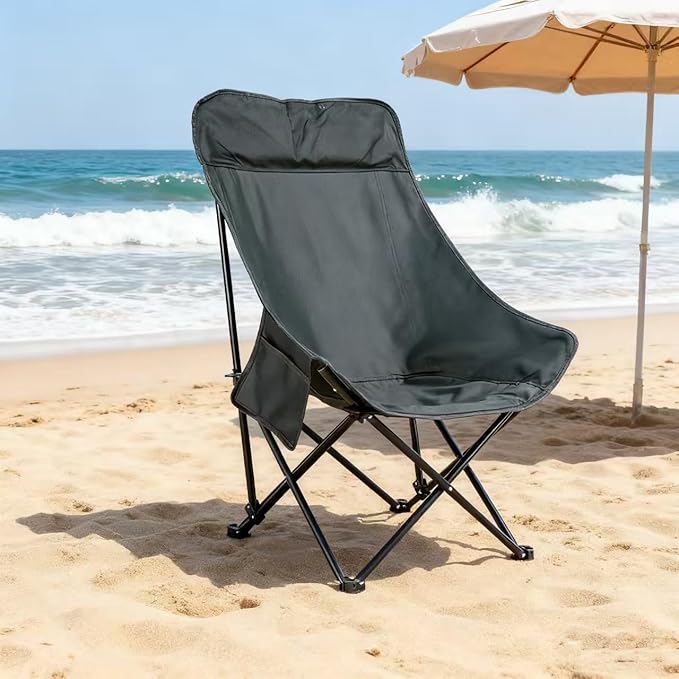 Portable Lightweight Compact Camping Foldable Chair with Carry Bag for Hiking Fishing Beach (High Back Khaki)