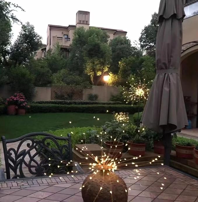 Solar Firework Lights 2Pcs Garden Lights Outdoor Waterproof 120 LED with 8 Modes Twinkling and Steady-On Festive daysStarburst Lights for Path Patio Yard (Warm White)