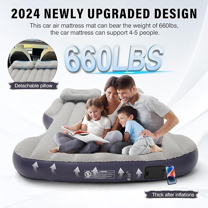 Self-Inflating Car Air Mattress for Tesla Model Y 2025 2024-2020/Model Y Juniper Outdoor Camping Air Bed with 2 Pillows Built-in Pump Air Couch Mat Flocking Air Cushion Model Y Accessories(Beige&ampB