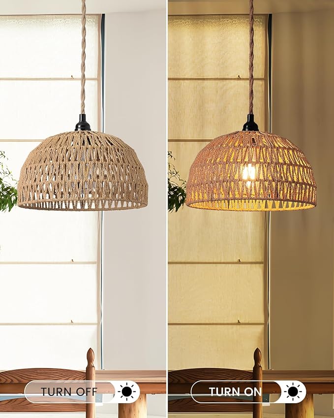 Rattan Hanging LampBoho Pendant LightsPlug in Cord Hanging Rattan LightPlug Into Wall Outlet Pendant Light Fixture On/Off Switch for LivingDinner RoomBedroomKitchenfor E26without Bulb