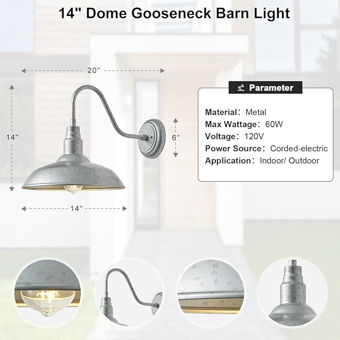 14 Inch Barn Farmhouse Outdoor Light Fixture 2 Pack Exterior Gooseneck Lights with Galvanized Steel Finish Outside Wall Sconce with Wall Mount for House Porch Patio