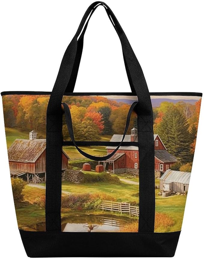 Insulated Shopping BagLarge Reusable Cooler Bags Country Farm Printed Foldable Shopping BagTravel Waterproof Shoulder Bag