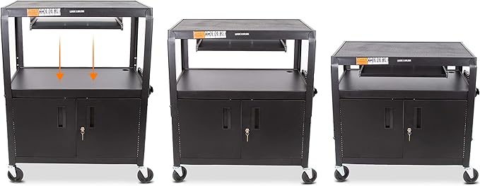 Line Leader Extra Wide AV Cart with Locking Cabinet Rolling Computer Desk Height Adjustable Utility Cart with Pullout Keyboard Tray &amp UL-Listed Power Strip Great for Projectors (42 x 32 x 20in)