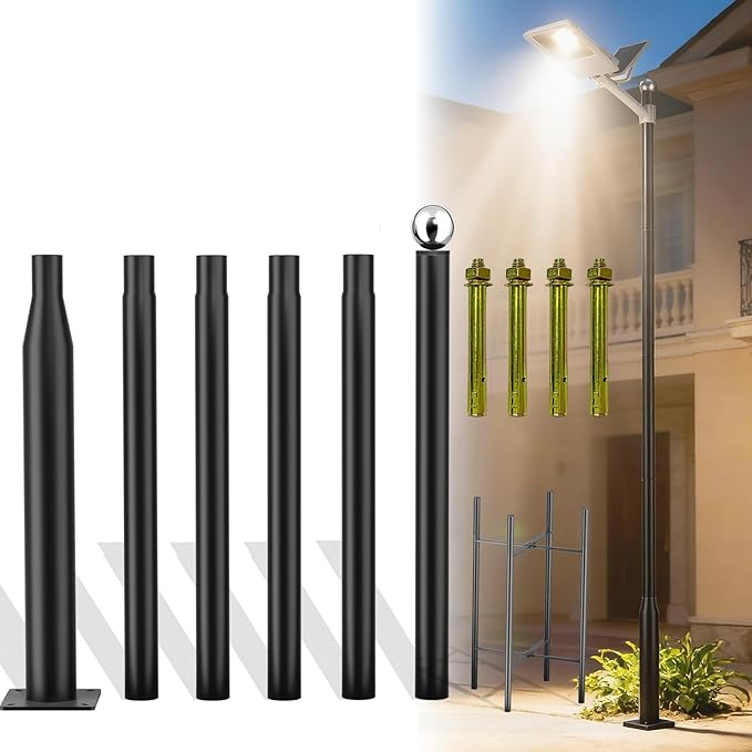 20FT Split Design Street Light Pole Heavy-Duty Steel Outdoor Lamp Post with Sleeve Connection &amp Rebar Cage - Adjustable Rust-Resistant for Driveway Parking Lot Garden Pathway