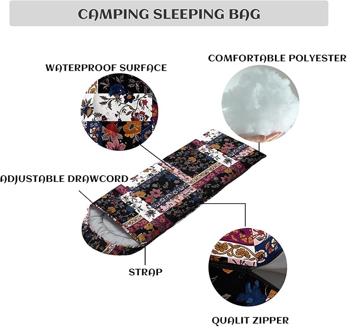 Sleeping Bags for Adults and Kids3D Printing Camping Sleeping Bag for Girls Boys Lightweight Waterproof Cold/Warm 3-SeasonOutdoor Travel with Compression Bags