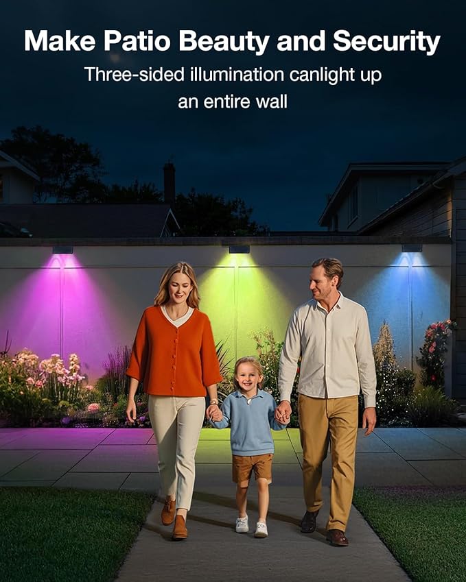 Fence Lights Solar Powered Outdoor Waterproof 3 Sided Wall LED Landscaping for Yard Deck Patio Rail Garage Pool Balcony Energy Efficient Warm White Safety (Multicolor Down-8Pack Light)
