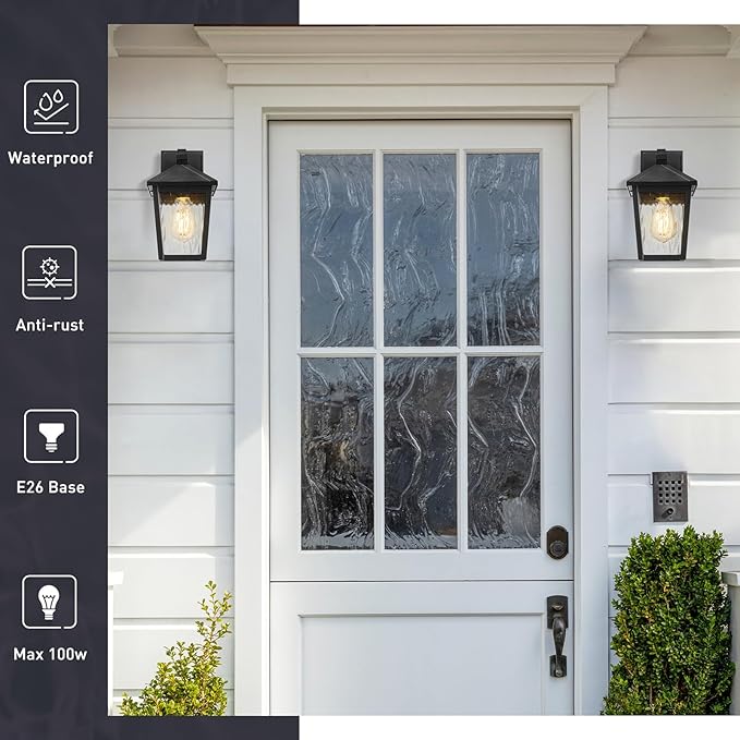 zeyu 2-Pack Outdoor Porch Light Fixtures Exterior Wall Lights for House Die-Cast Aluminum with Water Ripple Glass Black Finish 20076BS-2PK BK-WP