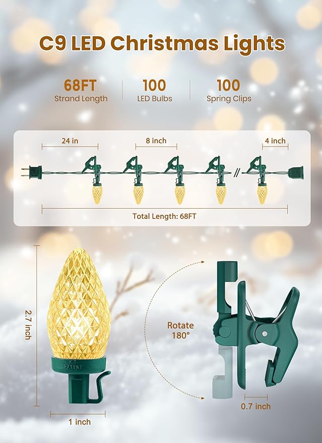 C9 68Ft Led Christmas String Lights 100 LED with Quick Clips Outdoor Waterproof Strawberry Lights Commercial Grade Extendable for Indoor Outside Roofline Patio Home Xmas Decoration Warm White