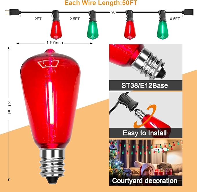 50Ft Outdoor Multicolor String Lights LED Dimmable Christmas Red/Green Lights Outdoor Waterproof with 25 ST38 Red/Green LED Bulbs 2700k Shatterproof for Backyard Gazebo Porch Garden Outside Decor