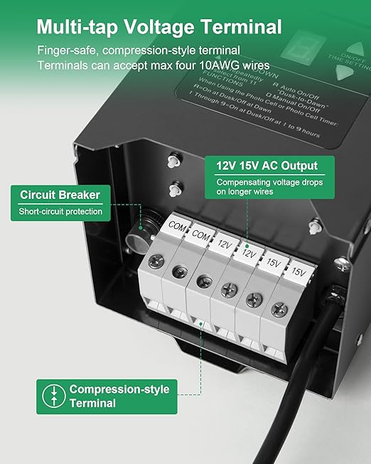 300W Low Voltage Landscape Transformer Outdoor Landscape Lighting Transformer with Photocell Sensor &amp Timer 120V AC to 12V/15V AC Stainless Steel Waterproof Transformer Black ETL Listed