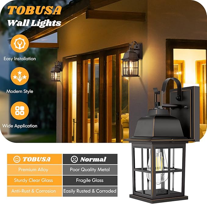 2-Pack Outdoor Wall Sconces 100% Aluminium Oil-Rubbed Bronze Exterior Light Fixtures Wall Mount Waterproof &ampAnti-Rust Outside Wall Lanterns Porch Lights for House Garage Doorway Bulbs Not Inclu