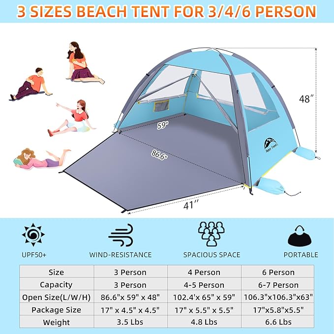 Happy Travel Beach Tent UPF 50+ UV Protection Sun Shade Shelter for 3/4/5/6/7/8 Person Portable Beach Canopy for Family &amp Baby Lightweight &amp Easy Setup Beach Cabana with 3 Ventilation Mesh