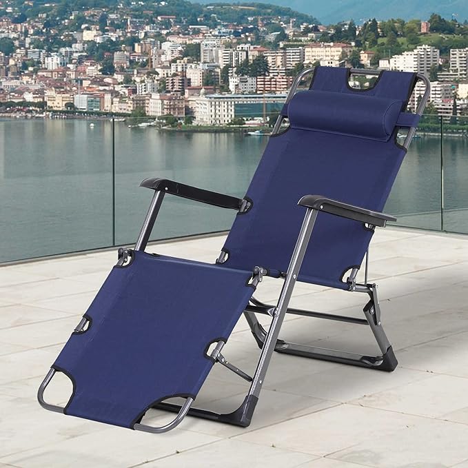Tanning Chair 2-in-1 Beach Lounge Chair &amp Camping Chair w/Pillow &amp Pocket Adjustable Chaise for Sunbathing Outside Patio Poolside Navy