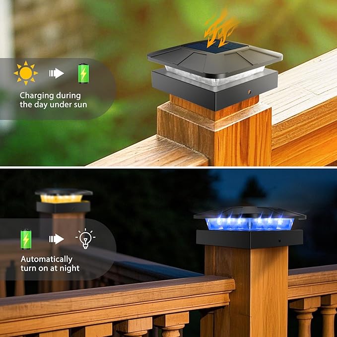Peasur 4 Packs 4x4 Solar Post Lights Outdoor Blue &amp Warm White LED Fence Caps Light Waterproof Wood &amp Vinyl Post Top Lighting for Deck Mailbox Railing Porch Outside