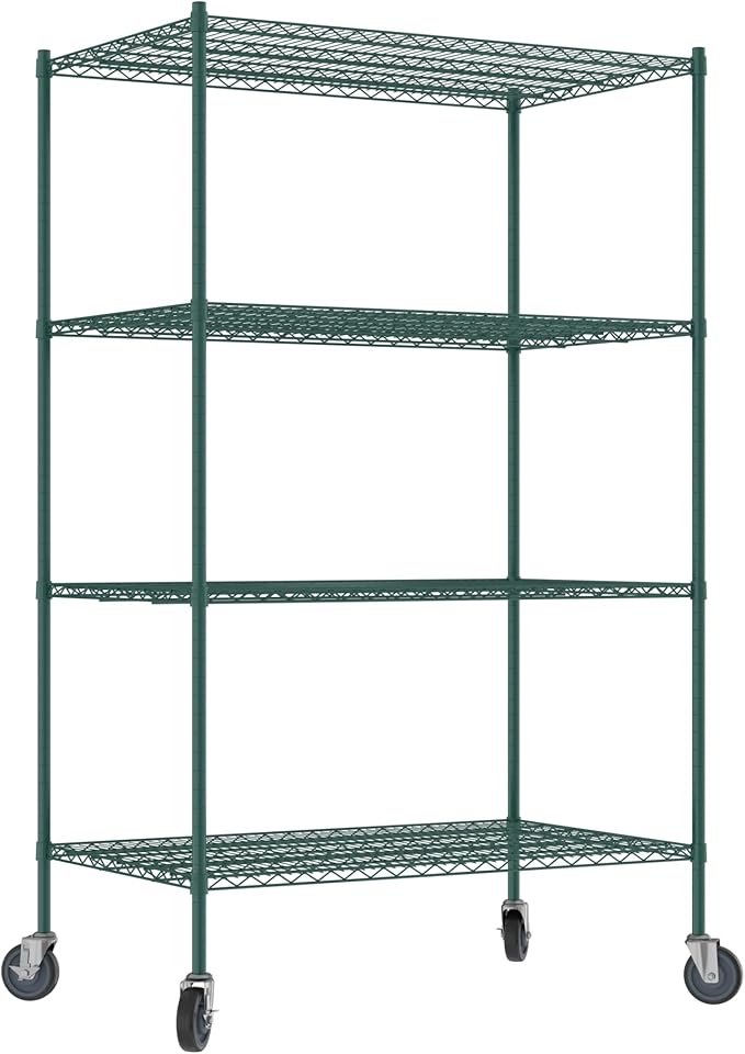 Commercial NSF Listed Green Epoxy Mobile Wire Shelving Kit 30 x 48 x 80 with 4 Shelves Perfect for Warehouse Walk-in Refrigerator Freezer Grocery Store Restaurant Dishroom