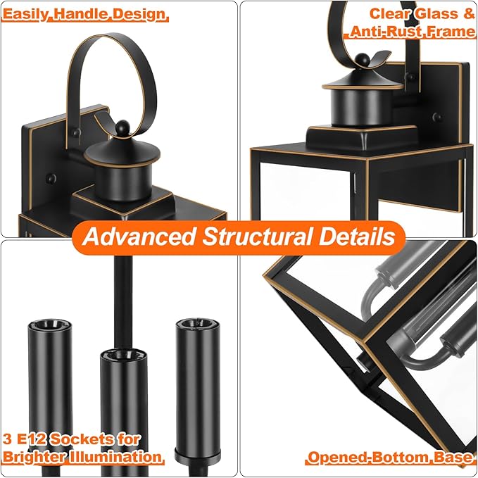 3-Light Outdoor Wall Light Fixtures 19 Inch Large Waterproof Exterior Wall Sconces with Glass Shades Black with Gold Trim Anti-Rust Outside Wall Lantern for House Front Porch Patio Garage