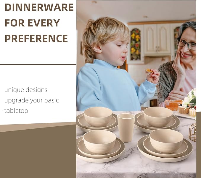 Cream Plastic Plates and Bowls Sets Dishwasher and Microwave Safe Wheat Straw Dinnerware Sets for 8Reusable Plastic Dishes Set Lightweight Unbreakable for Kitchen Camping Outdoor RV 32 Pcs