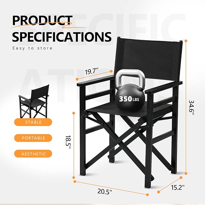 VINGLI 18.5 Folding Directors Chair Set of 2 with Solid Wood Frame &amp Beige Canvas Durable Portable for Outdoor Patio Camping Use Black