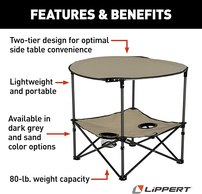 Lippert Sand Two-Tier Folding Camping Table with Dual Cupholders 600D Polyester Fabric Powder-Coated Steel Frame Foldable Design Lightweight Construction Zippered Carry Bag - 2023053721