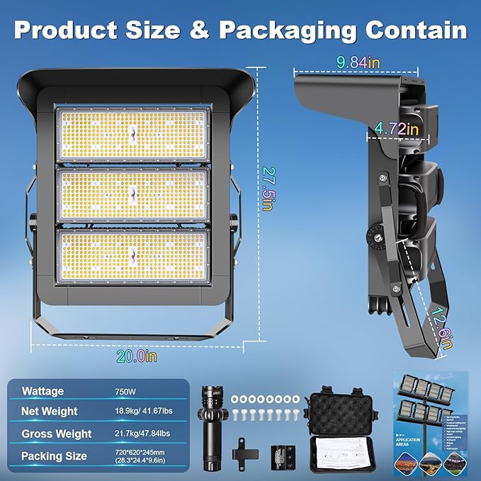 112500LM Led Stadium Light Dimmable 0-750w Super Bright Led Arena Flood Lights Outdoor 100-277v 5000k Yoke U Mount IP66 Waterproof Outside Wall Light Commercial for Square Golf Court Port