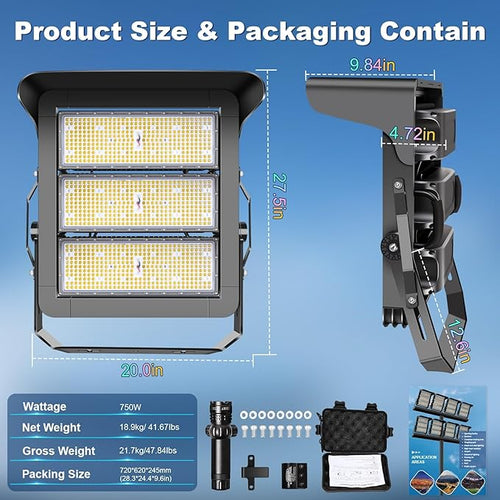 112500LM Led Stadium Light Dimmable 0-750w Super Bright Led Arena Flood Lights Outdoor 100-277v 5000k Yoke U Mount IP66 Waterproof Outside Wall Light Commercial for Square Golf Court Port