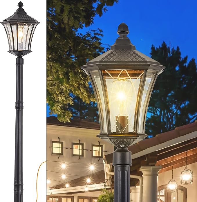 Outdoor Lamp Post Lights with Outlet Dusk to Dawn Pole Lamp with Patterned Glass Aluminum Waterproof Outside Street Light with Plug Hardwired Black Light Pole for Backyard Garden Driveway