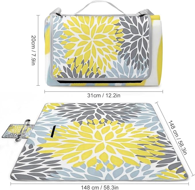 Dahlia Pinnata Flower Floral Blue White Waterproof Outdoor Picnic Blanket Sandproof Beach Mat for Camping Hiking Grass Travelling