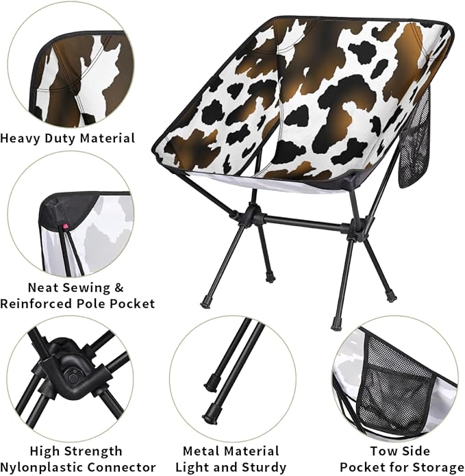 Animal Cow Pattern Print Black Camping Chair Lightweight Portable Chairs for Adults Easy Installation Outdoor Foldable Camping Chair for Camping Fishing Hiking Picnic Beach