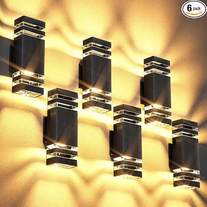 GEYANG Outdoor LED Wall Light: 14W 3000K Waterproof Aluminum Fixture with Bulb - Exterior Lighting for Yard and Fence - Front Door and Garden Light - Bright Outdoor Wall Lamp for Building - 6 Pack