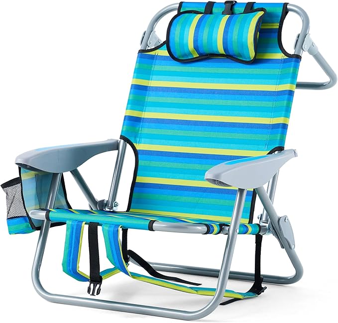 Portable Recliners Chair for Adults Outdoor Camping Chair Lay Flat Folding Backpack Reclining Chair with 5 Positions Headrest Zipper Pouch Cup Holder NEW Srtiped