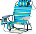 Portable Recliners Chair for Adults Outdoor Camping Chair Lay Flat Folding Backpack Reclining Chair with 5 Positions Headrest Zipper Pouch Cup Holder NEW Srtiped