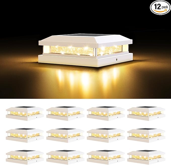 Brightever 4x4 Solar Post Cap Lights Outdoor Waterproof Solar Powered Fence Post Lights for 5x5 Vinyl/Wooden White Outside 16LEDs Warm/Cool Lighting Deck Light for Garden Patio Porch 12-Pack