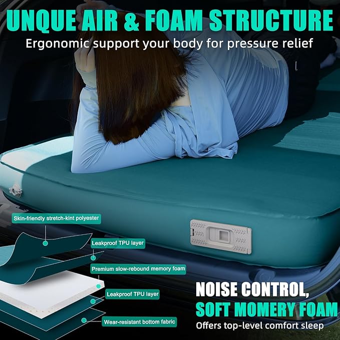 Tesla Camping Air Mattress with Foam Ultra Thick 4 Self Inflating Sleeping Pad with Electric Pump for Model Y R-Value 9.5 Insulated Car Camping Mattress Pad for All Seasons