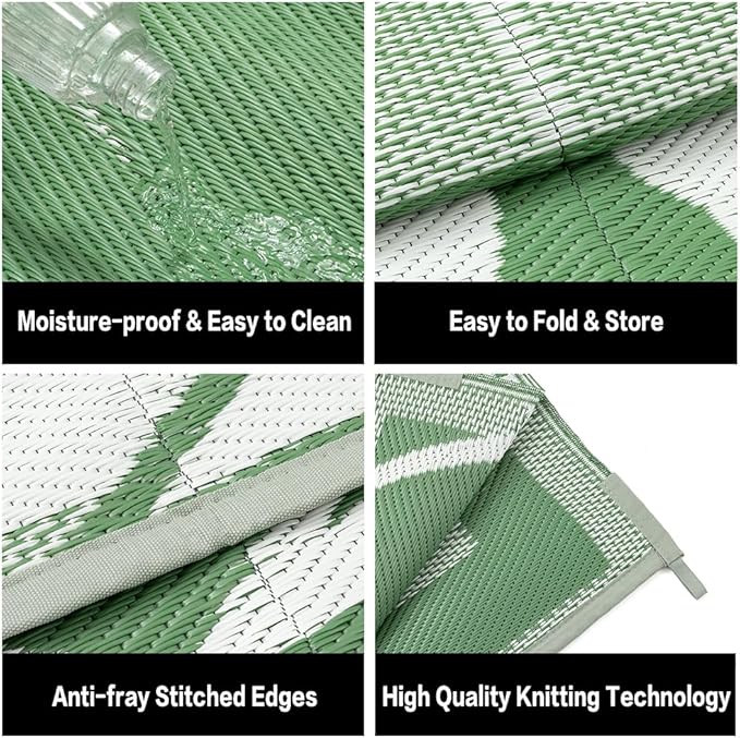 HUGEAR 8'x10' Outdoor Rug Waterproof Plastic Straw Rugs Large Green Reversible Olive Leaf Mat Floor Carpet for Camping RV Deck Entryance Porch Picnic Balcony Beach Backyard