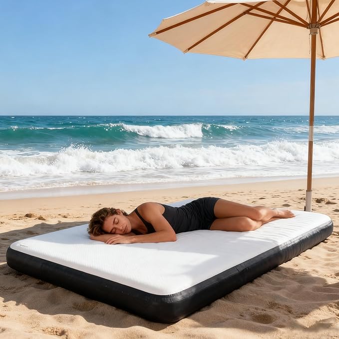Twin Size Inflatable Air Bed Mattress 8'' Elevated Pad with Pump Wood Grain Hypo-Allergenic Portable Outdoor Camping Mat