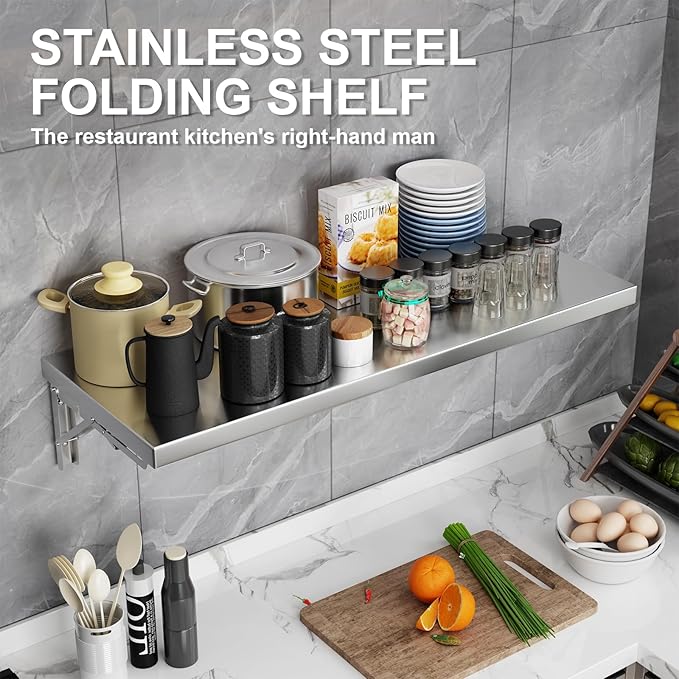 Folding Wall Shelf 23.6 x 12 Stainless Steel Wall Mounted Folding Table 110lb Capacity Floating Concession Shelf for Food Trucks Trailer Windows Kitchen Garage Utility Room 2 Pack