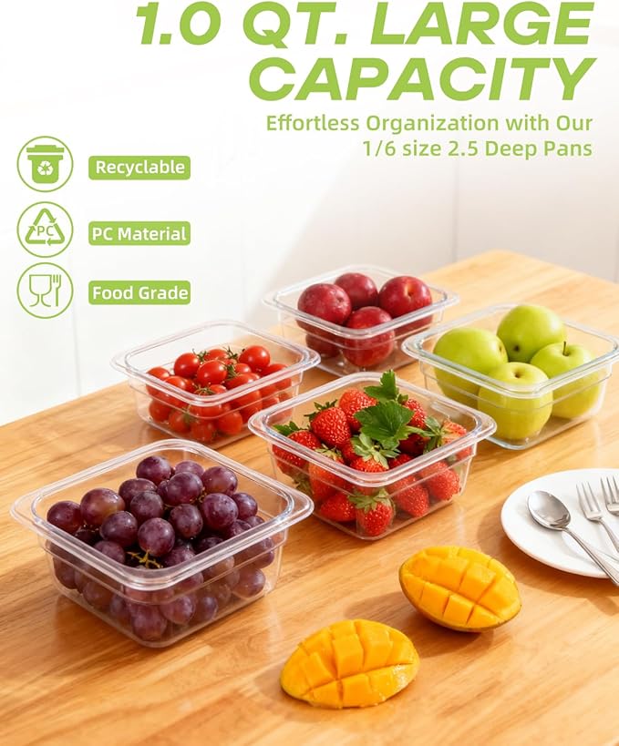 6 Pack Food Pan with Lids1/6 Size Shatterproof Stackable Plastic Hotel Food Pan for Party Catering Home kitchens Meal Prep-40°F to 212°F (1.1QT(1.1L) 1/6 size 2.5 deep)