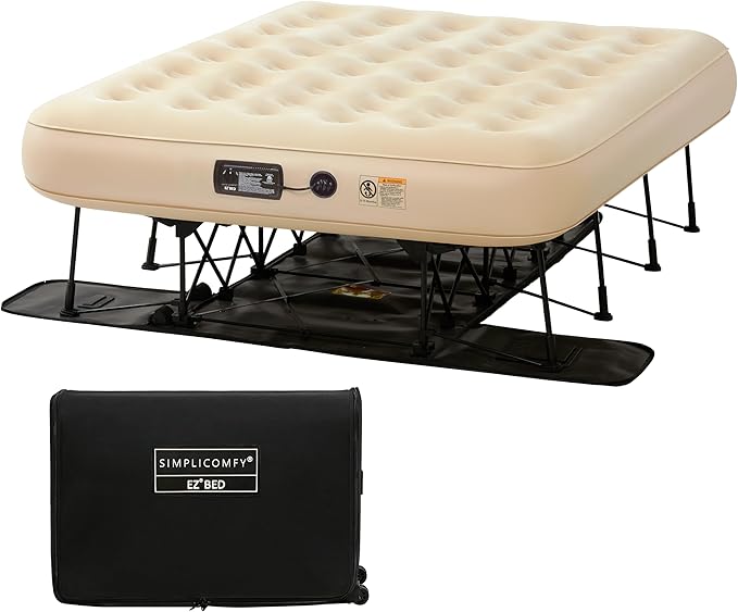 Simpli Comfy Queen EZ Bed Self-Inflating Air Mattress with Built-in Frame Pump and Wheeled Case Blow Up Inflatable Rolling Air Bed on Wheels