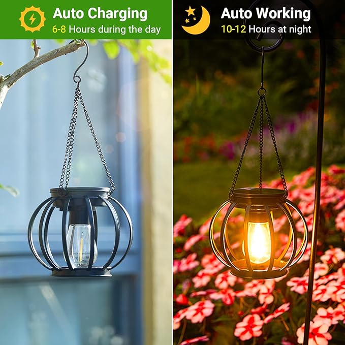 KOOPER Solar Lanterns Outdoor Waterproof Upgraded Metal Hanging Solar Lights Outdoor Lanterns Brighter Auto On/Off Outdoor Hanging Lantern for Yard Patio Pathway Porch Garden Decor 2 Pack