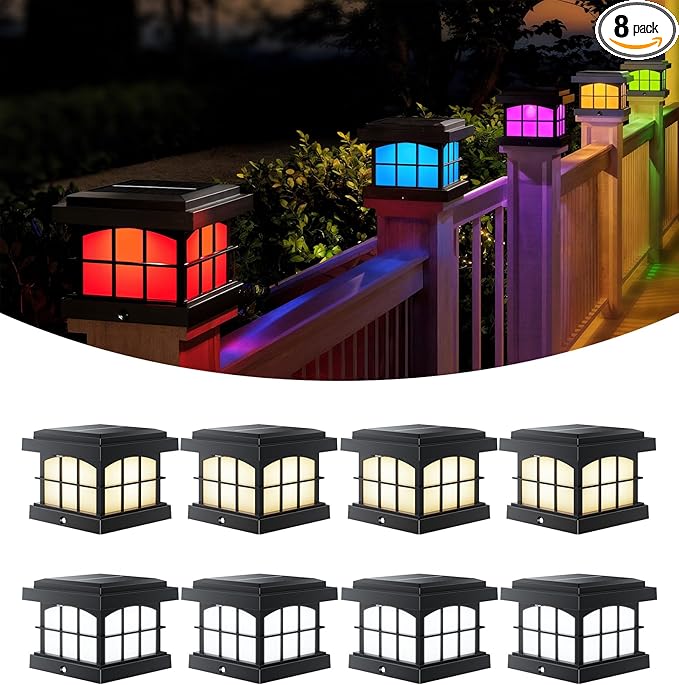 PARTPHONER RGBCW Solar Post Cap Lights 8-Pack 9 Colors 3 Modes Fence Caps Bright Solar Outdoor Waterproof LED Deck Lighting for Fence Garden Deck Patio Porch Decor 4x4 Vinyl/Wood Black