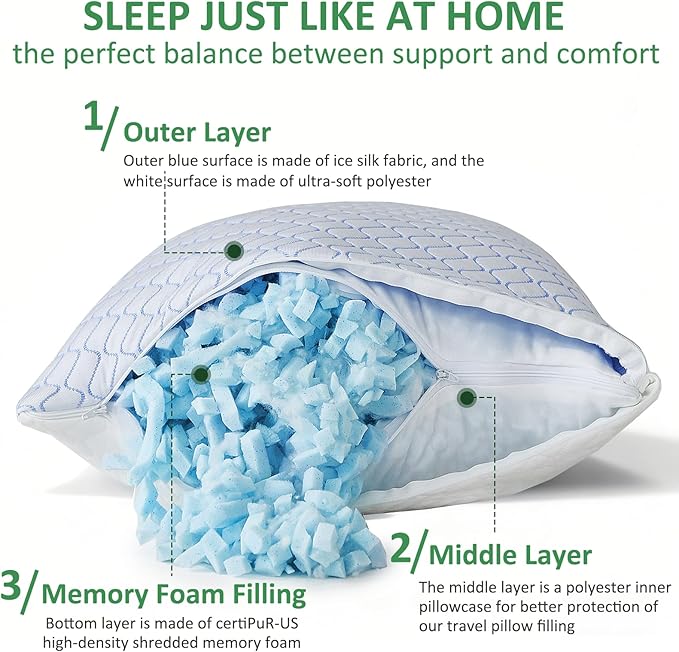 Gehannah Travel Pillow - Large 2 Pack Compressible Camping Pillow for Sleeping - Shredded Memory Foam with 2 Storage Bags - Supportive for Adults Kids Outdoor Backpacking Hiking Gear