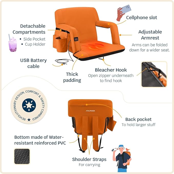 Alpcour Heated Reclining Stadium Seat for Bleachers – Wide Bleacher Chair with Back Support and Cushion Armrests Side Pockets &amp Hook – Stadium Seats Chairs for Camping Kayak Paddle Board &amp