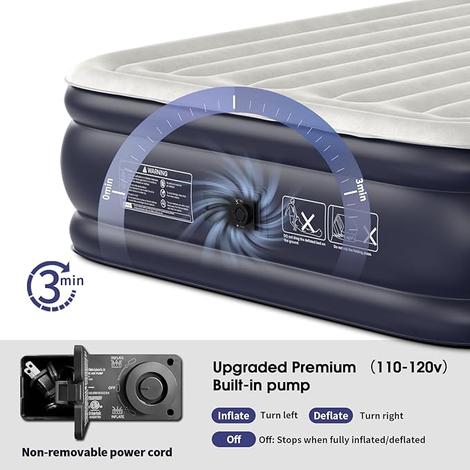 Air Mattress Queen with Built in Pump18'' Inflatable Mattress of Vertical BeamsSelf Inflatable/Deflation Blow Up Mattress in 3 MinsFlocked Top Airbed with Carry Bag for Home Camping