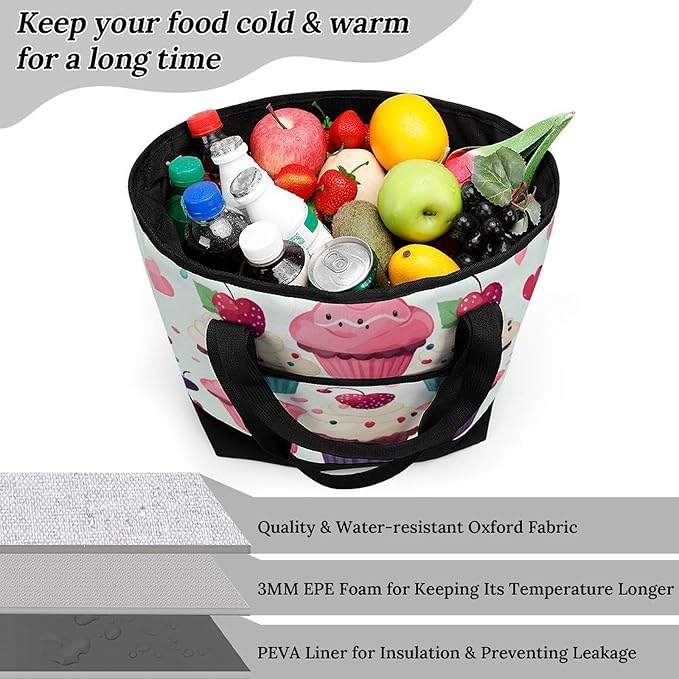 Insulated Shopping BagLarge Reusable Cooler Bags Cupcake Candy Hearts Sweet Printed Foldable Shopping BagTravel Waterproof Shoulder Bag