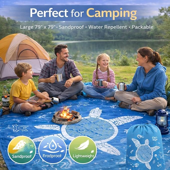 Beach Blanket Sandproof Waterproof 79 X 79 Oversized Outdoor Picnic Blanket Large Sand Free Beach Mat Lightweight Foldable Mat for Travel Camping Festival (Sea Translucent Turtle)