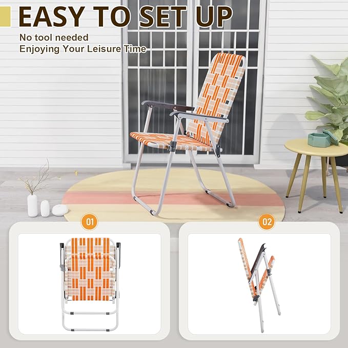 2 Pcs Folding Beach Chair Webbed Chair Portable Camping Chair Patio Lawn Webbed Folding Chairs Set Folding Backpack Beach Chair for Camping Beach Travel Lawn Yard Garden
