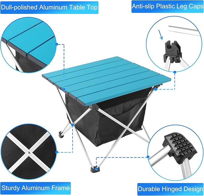 Grope Portable Camping Table Ultralight Aluminum Camp Table with Storage BagBeach Table for Sand with Carrying BagPrefect for OutdoorPicnicBBQCookingFestival (Blue with Storage Bag-S)