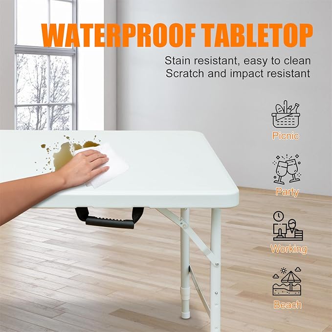 ZeHuoGe Portable Folding TableLightweight Picnic Party Dining Camp Table Folding Banquet TableMultifunctional Camping Table (White 4ft)
