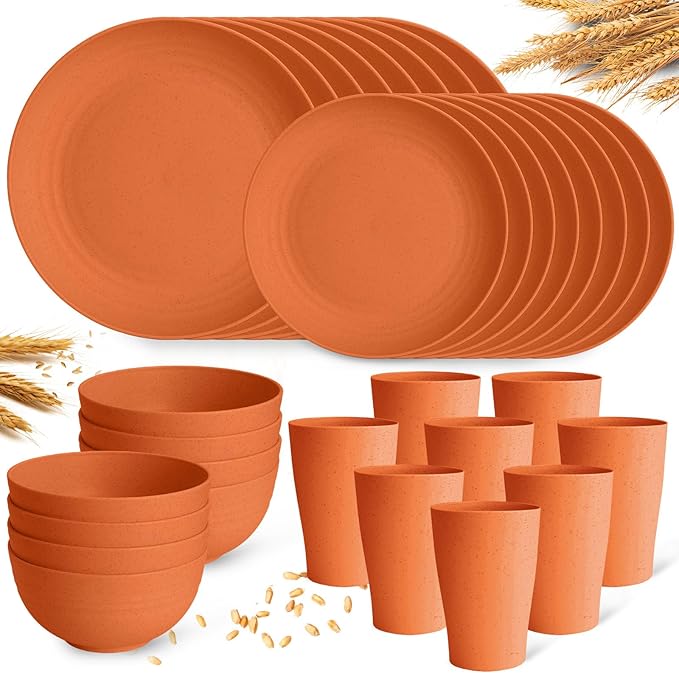 Orange Plastic Dishes Set for 8 includes Dinner PlatesPasta BowlsSoup Bowls and Drinking CupsUnbreakable Orange Plastic Plates Set Microwave Dishwasher Safe For Thanksgiving Dinnerware Sets32PCS