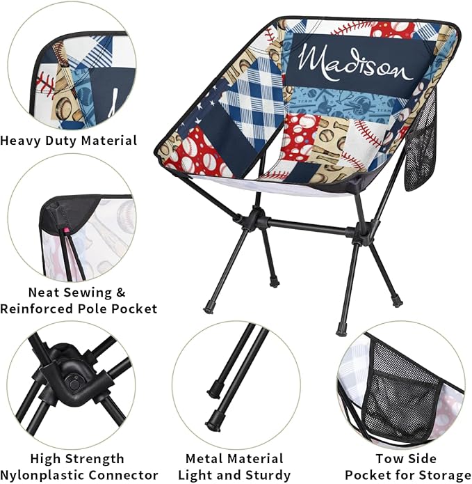 Custom Camping Chair Personalized Portable Backpacking Chair with Name Lightweight Folding Chair for Beach Hiking Baseball Plaid